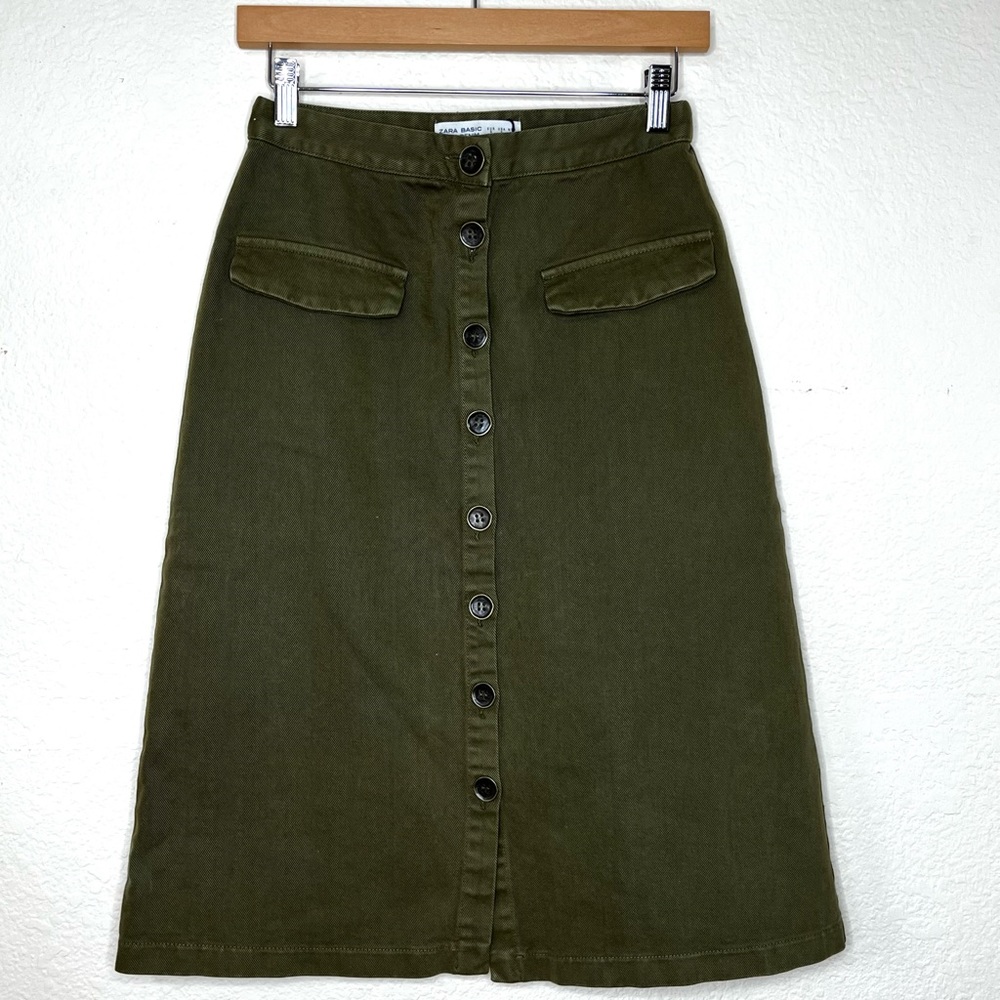NWOT Zara Basic Denim Cotton Retro Button-Down Olive Denim A-Line Skirt- Small